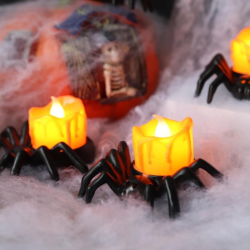YBB 6 Pcs Halloween Spider Tea Lights, Novelty LED Flameless Spider Candle Holder Battery Operated Orange Tea Lamps for Halloween Party Table Home Spooky Decor - Image 1